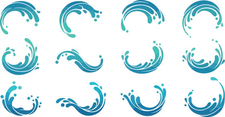 Obraz premium A collection of blue water splash illustrations in various dynamic shapes and forms