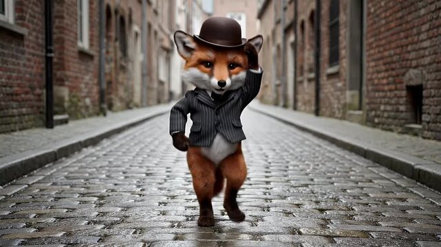 A charming fox in a suit and bowler hat tipping its hat while walking down a wet cobblestone street in an old European town.