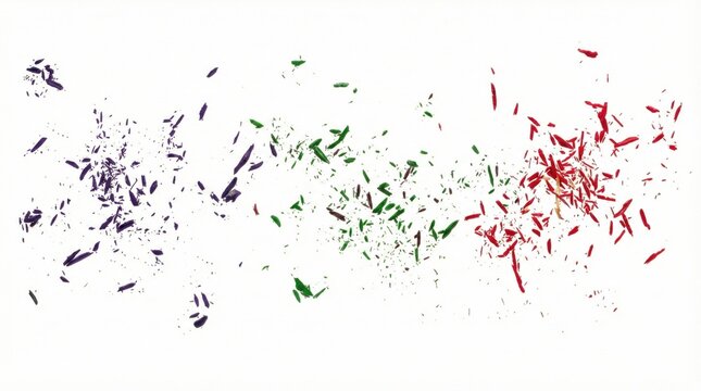 Colorful broken crayon shavings scattered across white background in artistic pattern,ideal for creativity,art projects,backgrounds and educational visuals
