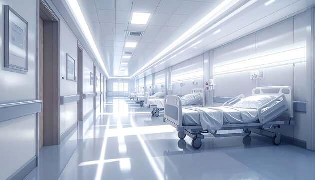 Clean, bright hospital hallway view empty beds line polished floor, light streams from end window