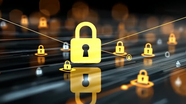 Digital security concept showcasing interconnected locks on a futuristic network with glowing elements
