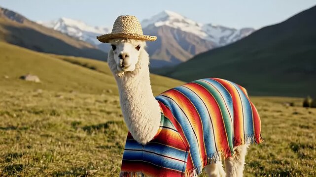 A cute alpaca wearing a straw hat and a colorful striped poncho stands in a green mountain pasture.