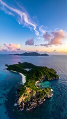 Fototapeta premium Lush island meets ocean, sunset sky above, distant island visible, scenic, tranquil vista