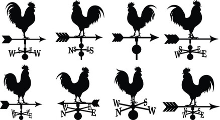 Black and white rooster weather vane silhouette set featuring farm cockerel figures and compass direction arrows in vintage style © Mst
