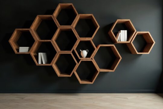 Modern honeycomb shelving unit against a dark wall, featuring books and a small ceramic pot