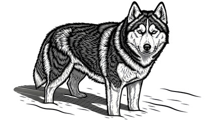 Majestic Siberian Husky Dog in Woodcut Style Illustration © Tukang