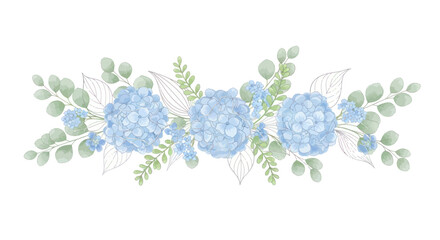 Elegant blue hydrangea and eucalyptus watercolor floral border. © Tukang