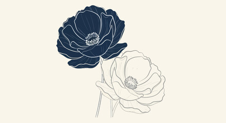 Elegant poppy flowers illustration with navy blue and outline art