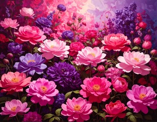 Fototapeta premium Lush painterly garden scene filled with bright pink, purple, and red blooming flowers