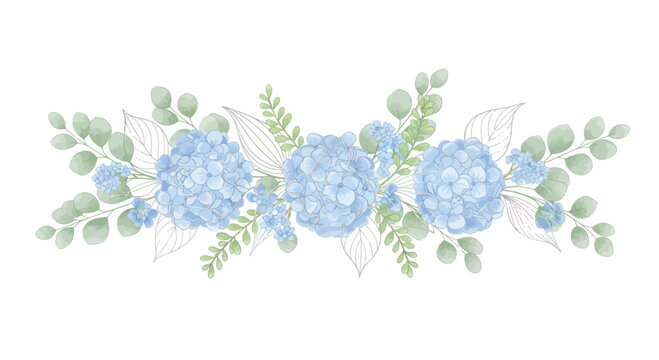 Elegant blue hydrangea and eucalyptus watercolor floral border.
