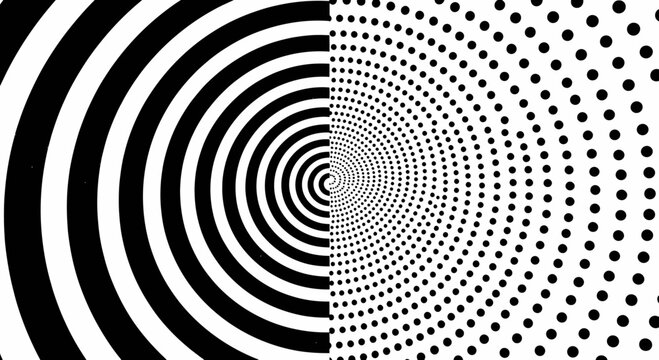 Dynamic black and white optical illusion pattern with dots and lines.