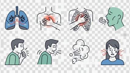 Collection of medical health icons depicting lungs, heart, coughing, and smoking awareness.
