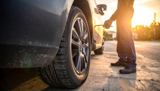 Close-up of inflating car tire with a tool, person dressed casually on street, sun setting in background