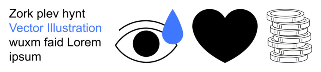 Emotions, love, charity, wealth, financial relationships, emotional value. Eye with tear, heart shape and stacked coins in clean design. Emotions and love through universal symbols