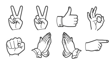Hand gestures collection including peace signs and pointing fingers. © masako