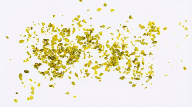 Scattered pistachio nut pieces on white background,macro top view of green chopped nuts used in cooking,baking and healthy snacks