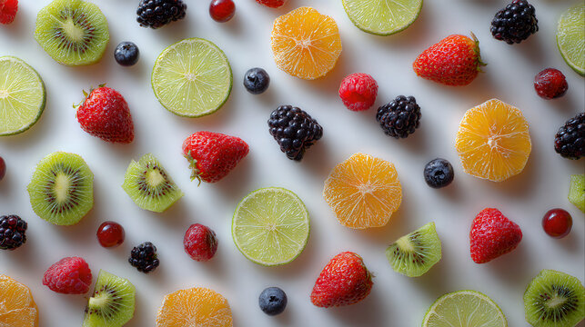 Vibrant overhead pattern of sliced kiwi, lime, orange, and mixed berries including strawberries and blueberries, randomly scattered across a clean white surface, showcasing a fresh fruit assortment.