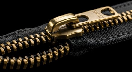 Macro view of a golden brass zipper interlocking metal teeth on black fabric, symbolizing the precise mechanics of connection, unity, and the seamless integration of separate paths
