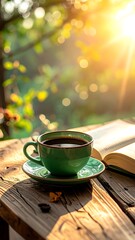 Obraz premium Coffee cup and open book sit atop rustic wooden table with sunlight filtering through green foliage in background