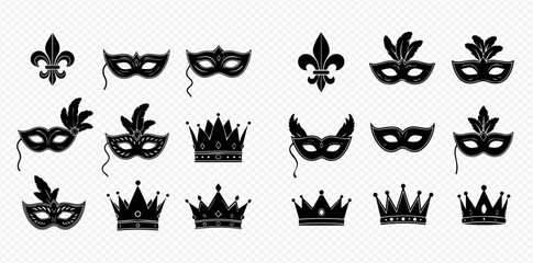 Mardi Gras carnival masks, crowns, and fleur de lis symbols in black silhouettes for celebration and party designs. © MuammarAuliyan