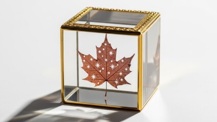 A glass display box with gold trim containing a maple leaf on a white background.