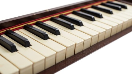 Close-up of a piano keyboard with black and white keys on a white background.