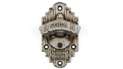 Close-up of a vintage soda bottle opener on a white background.