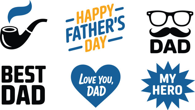 Fathers Day greeting vector set, Dad celebration typographic designs, loving papa graphics