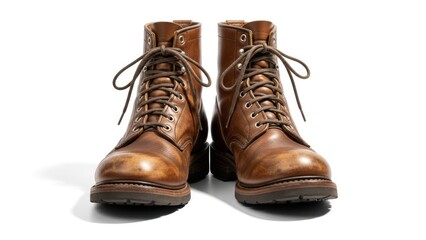 Brown leather boots with laces on a white background