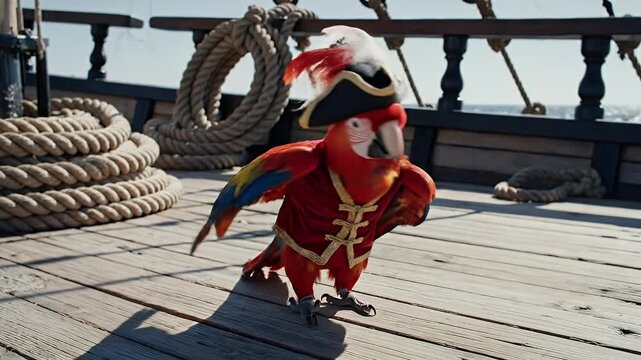 A vibrant red macaw parrot dressed in a detailed pirate costume, complete with a tricorn hat and red jacket, stands confidently on the wooden deck of a ship.