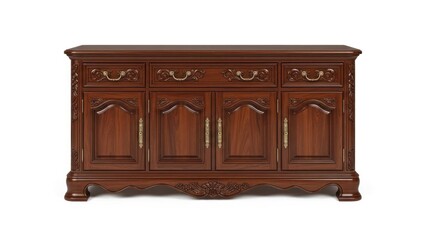 A dark brown wooden sideboard with gold hardware on a white background.