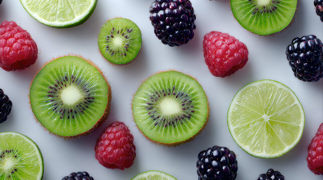 A close-up, high-detail macro view of sliced kiwi, lime, raspberries, and blackberries randomly scattered, highlighting the vibrant colors and natural texture of fresh, healthy raw fruits.
