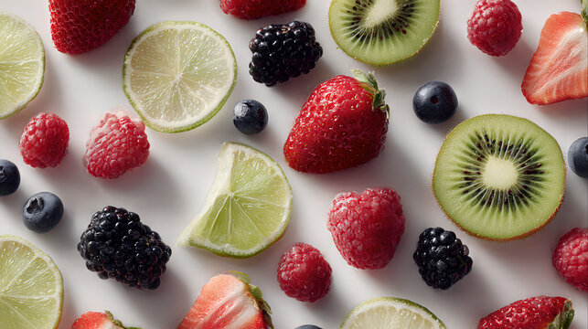 Overhead pattern of fresh strawberries, raspberries, blackberries, kiwi, and lime slices scattered on a clean white background, emphasizing the variety of healthy summer berries and citrus.
