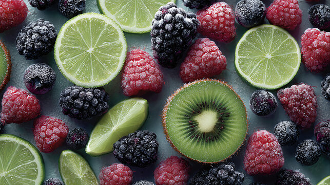 A visually rich overhead pattern of various frosted mixed berries, kiwi slices, and lime slices on a dark, textured background, highlighting healthy antioxidants and frozen fruit preparation.