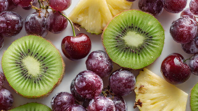 juicy kiwi slices purple grapes red cherries pineapple chunks close-up macro scattered on white background