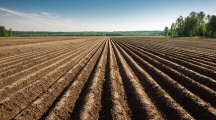 Obraz premium A vast, open field with parallel furrows, a clear blue sky, and distant green trees.
