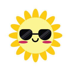 Happy Sun with Sunglasses Illustration, Cool Smiling Sunshine Vector, Simple Flat Weather Element for Summer Vacation and Travel