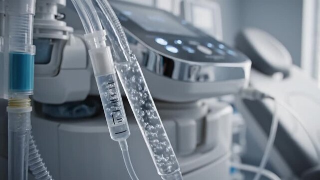 Close-up of an intravenous drip chamber attached to a medical device with tubes in a clinical setting.