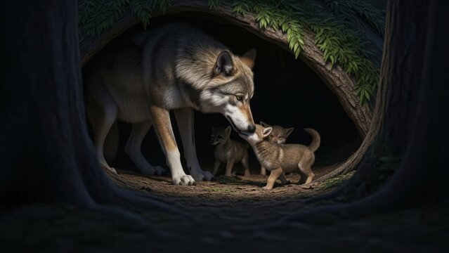 A wolf gently interacts with a cub in a forest den, with lush greenery and a dark background.