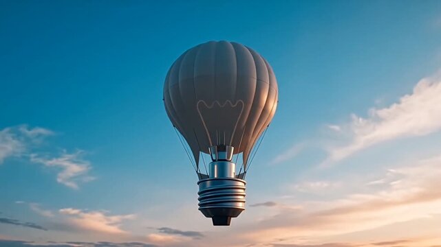 Surreal lightbulb hot air balloon floating in a sunset sky representing innovation