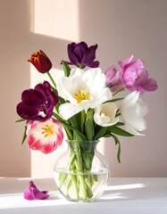 Obraz premium Colorful tulips bloom in a glass vase with a soft, warm light casting shadows on a plain, neutral background