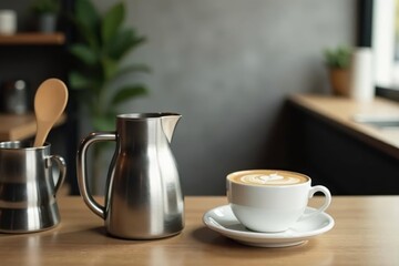 Fototapeta premium Aromatic Coffee Beverage with Milk in a Stylish Cup, Served with a Polished Metal Creamer and Wooden Spoon on a Warm Wooden Table