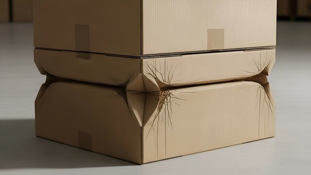 Stack of cardboard boxes showing damage and compression in a warehouse setting