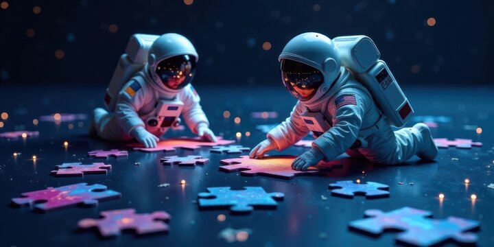 Two Astronauts Collaborate on a Cosmic Puzzle, Solving Challenges Together in a Dark, Starry Setting