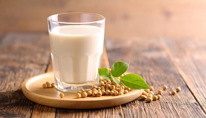 Creamy beverage in glass on wood plate, soybeans, leaf. Wooden surface backdrop, warm light
