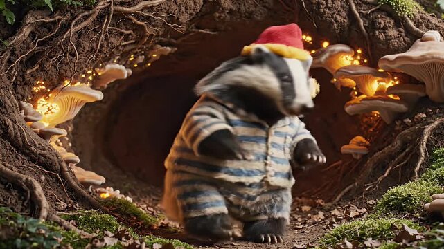 A badger in striped pajamas and a red nightcap stands outside a cozy burrow entrance surrounded by glowing mushrooms and tree roots.