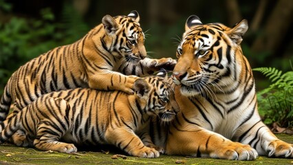 Obraz premium Three tigers lying on a mossy surface in a lush forest, with one tiger gently touching another's