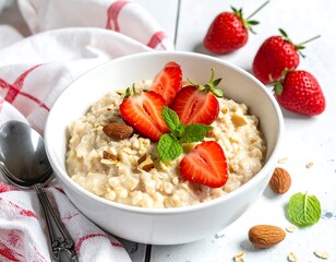 Creamy oatmeal topped with fresh strawberries and almond slivers in a white bowl, next to a red striped cloth