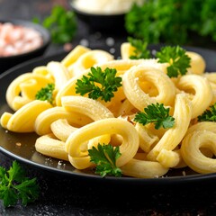 Curled pasta, sprinkled with grated cheese and garnish on a dark plate, against a dark backdrop