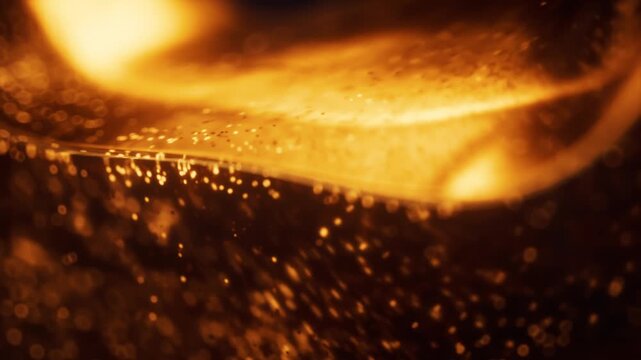 Close up shot of golden sparkling liquid in a glass, with bubbles rising and swirling in slow motion, creating an abstract and dynamic visual effect with warm lighting